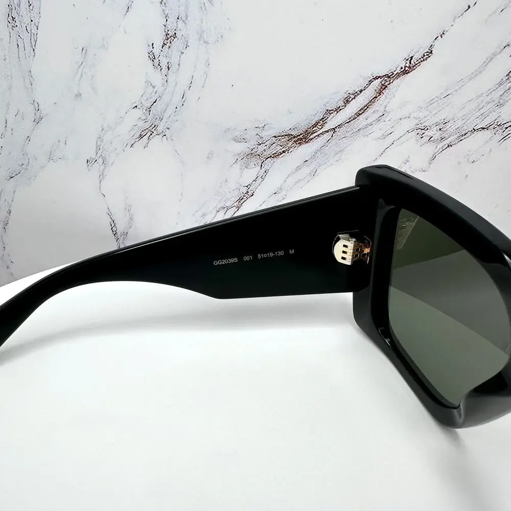 New GUCCI Sunglasses Black Gold Logo Square Oversized 51mm Grey Lens Womens